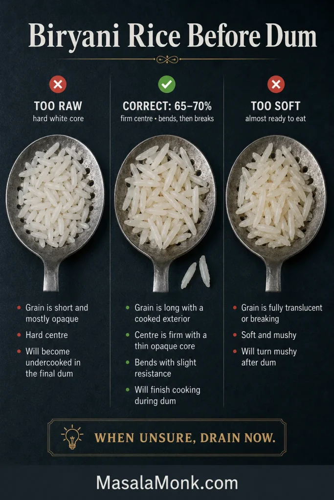 Basmati comparison showing too-raw grains, correctly parboiled grains with a firm centre and rice cooked too soft before dum.