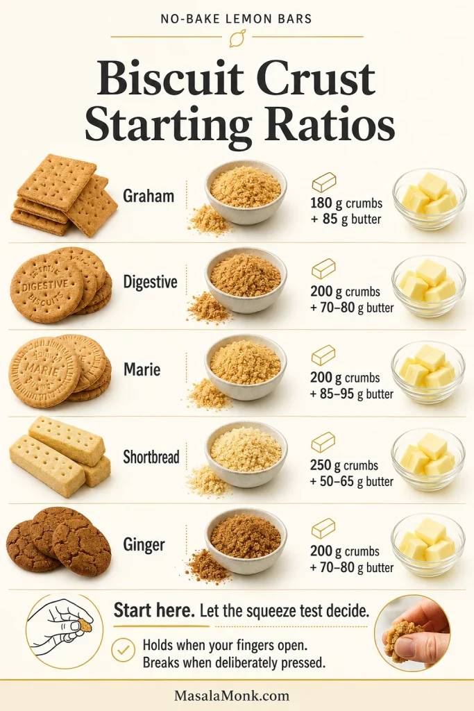 A guide pairs five biscuit types with starting crumb weights and melted-butter quantities for a no-bake crust.