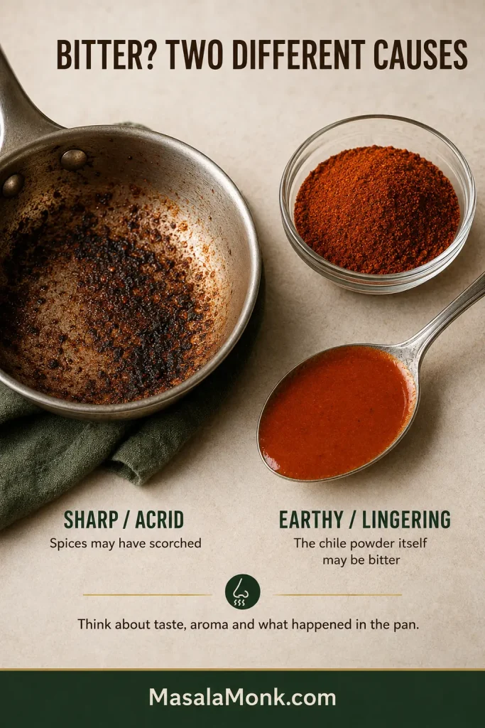 Scorched spice residue in a saucepan beside ground chile powder and normal red sauce, comparing two possible sources of bitterness.