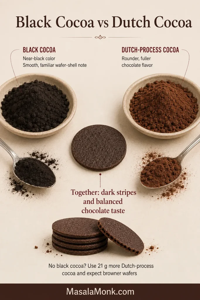 Bowls of nearly black cocoa and reddish-brown Dutch-process cocoa with spoons and finished chocolate wafers between them.