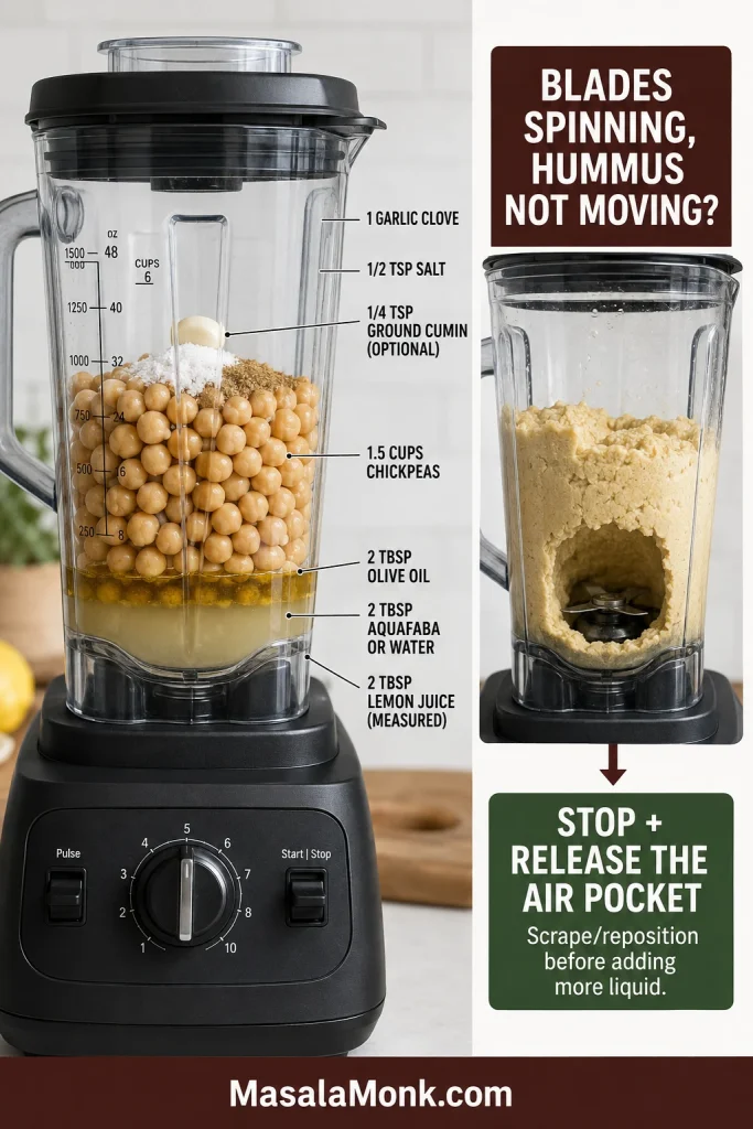 Blender guide showing liquid near the blades, chickpeas above and a hollow air pocket beneath hummus that has stopped circulating.