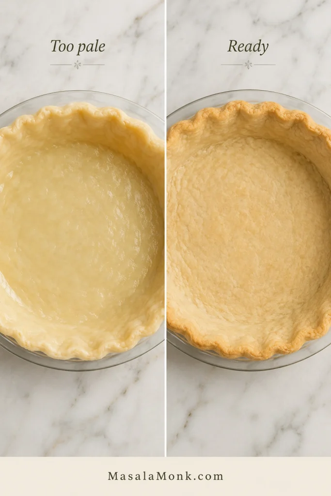 Two empty pie shells compared side by side: one pale and slightly glossy, the other dry, opaque, set, and lightly golden.