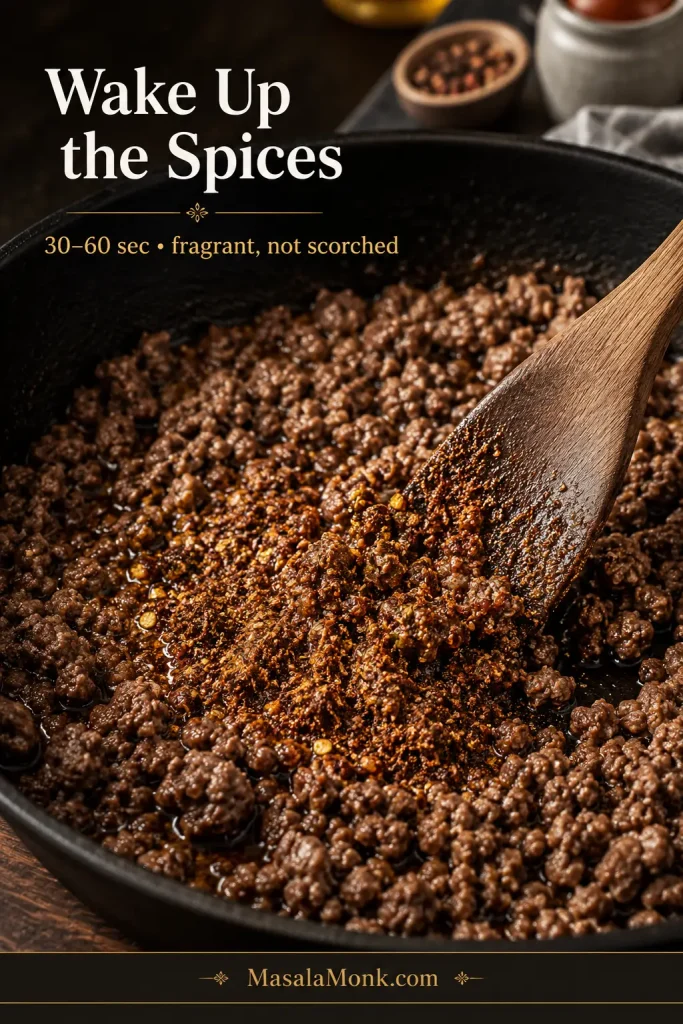 Taco seasoning being stirred into browned ground beef in a thin sheen of rendered fat before water is added.