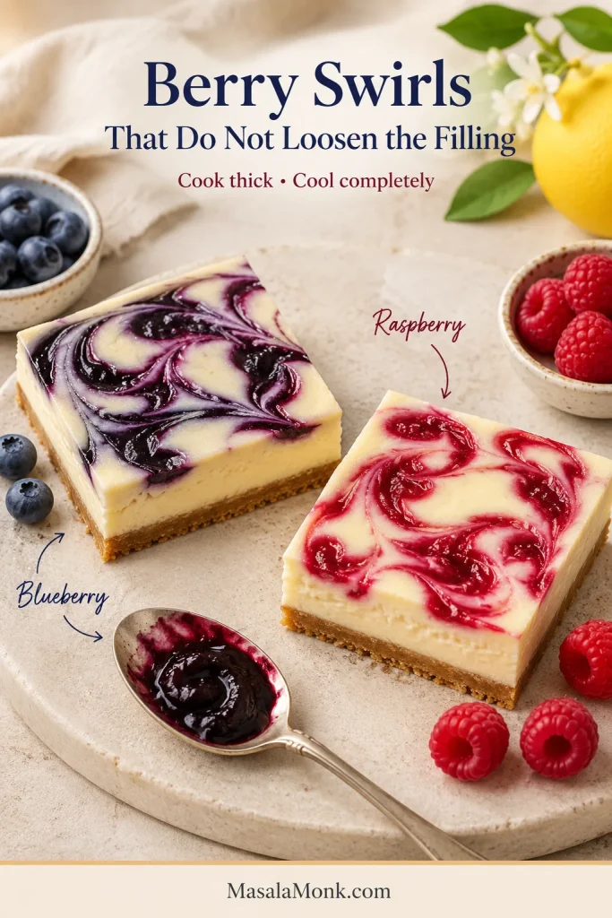 Two creamy lemon bars contain thick blueberry-purple and raspberry-red swirls, with berries and reduced fruit mixture nearby.