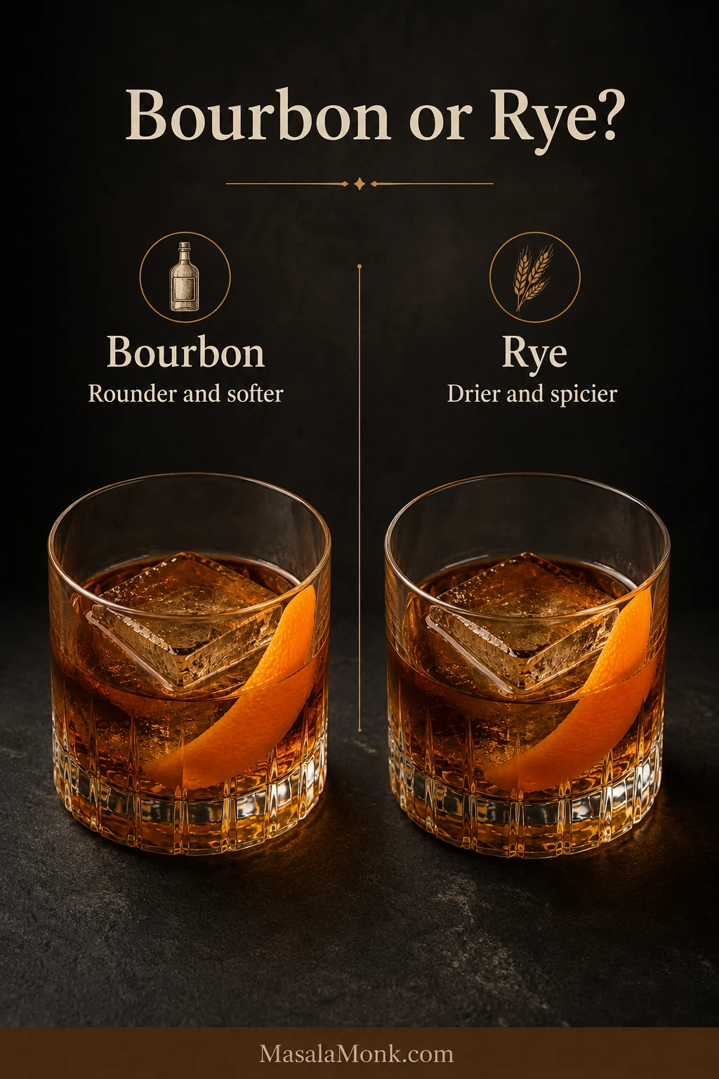 Two matching Old Fashioned cocktails labeled bourbon and rye, each served with one large ice cube and orange peel.