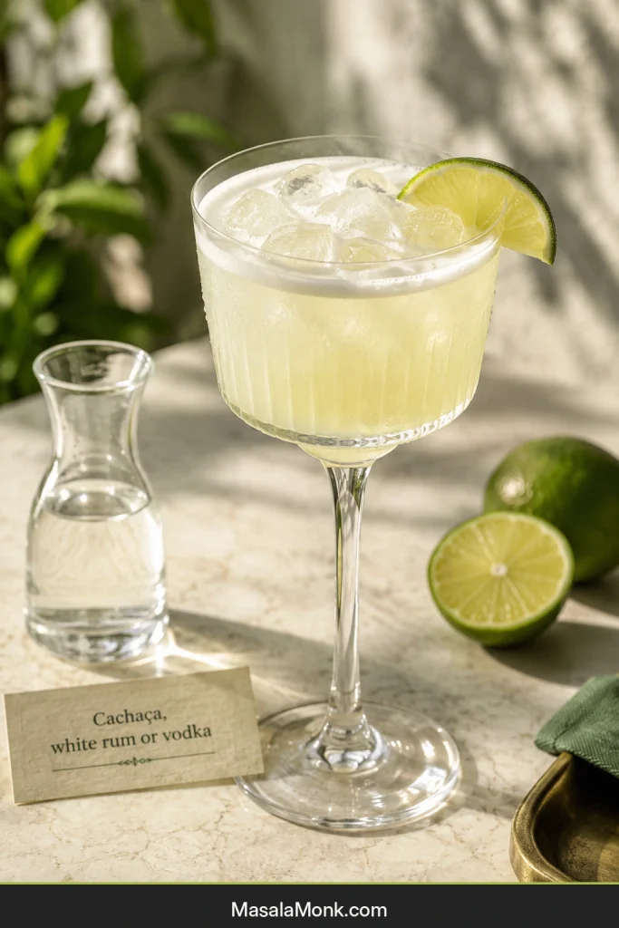 Stemmed glass of pale Brazilian lemonade cocktail with ice, light foam, lime garnish and a small spirit carafe.