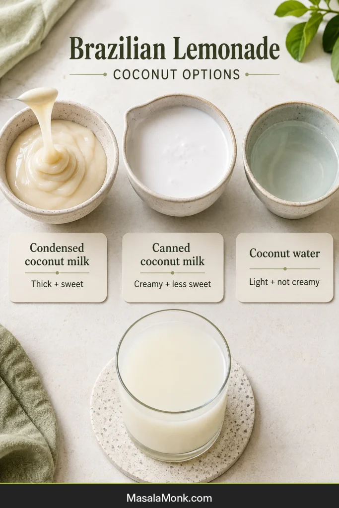 Three coconut ingredients showing thick condensed coconut milk, creamy canned coconut milk and clear coconut water.