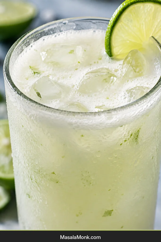 Close-up of pale Brazilian lemonade showing fine foam, ice cubes and condensation on the glass.