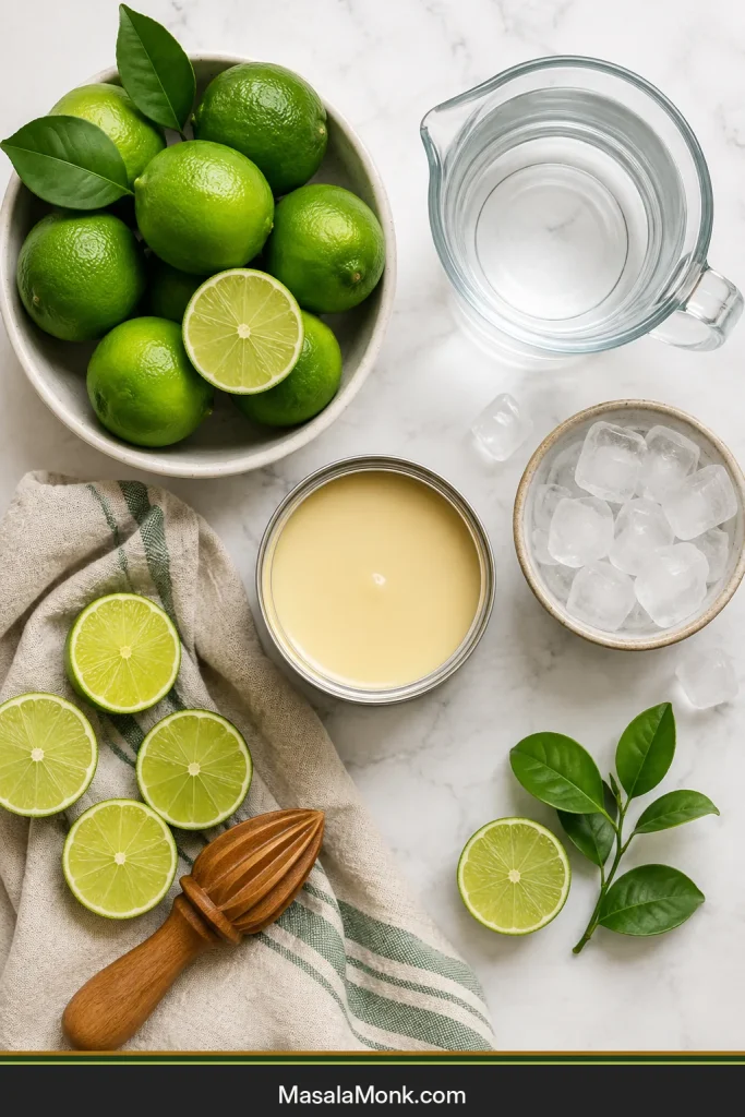 Overhead arrangement of fresh green limes, sweetened condensed milk, cold water and ice for Brazilian lemonade.