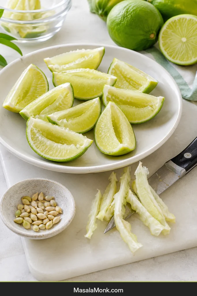 Quartered green limes with their seeds and thick central white cores removed on a preparation surface.