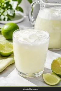 Tall clear glass of pale Brazilian lemonade with ice, fine foam and condensation, surrounded by fresh green limes with a pitcher behind it.