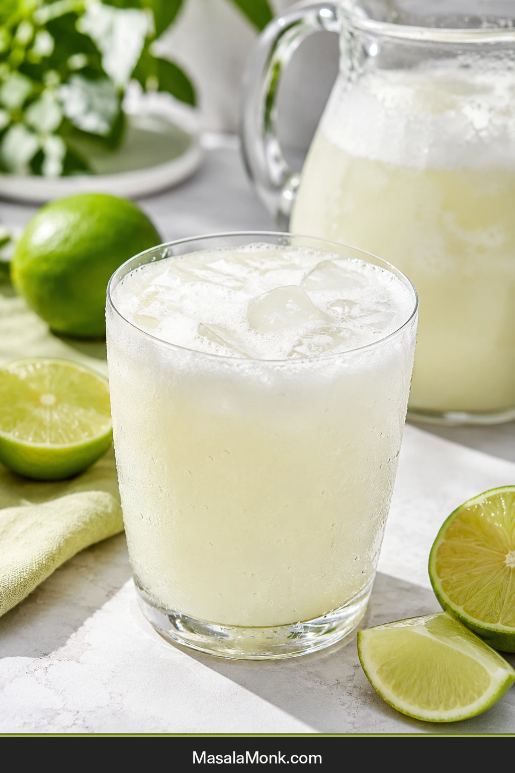 Tall clear glass of pale Brazilian lemonade with ice, fine foam and condensation, surrounded by fresh green limes with a pitcher behind it.