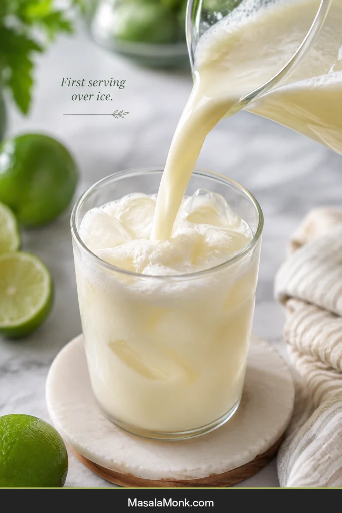 Pale Brazilian lemonade pouring from a clear pitcher into a tall glass filled with ice.