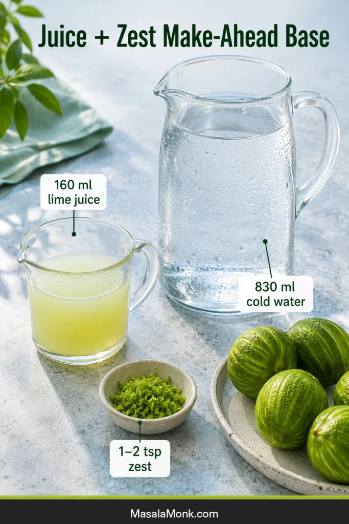 Measured fresh lime juice, finely grated green zest and chilled water arranged for a make-ahead base.