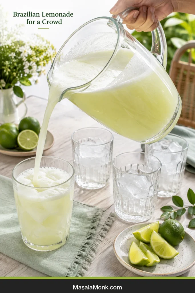Large clear pitcher pouring pale Brazilian lemonade into an ice-filled glass beside several waiting glasses.