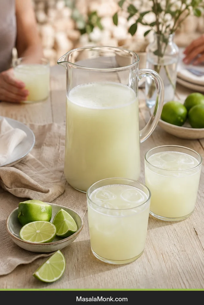 Clear pitcher of pale Brazilian lemonade with several ice-filled glasses on a relaxed shared table in soft daylight.