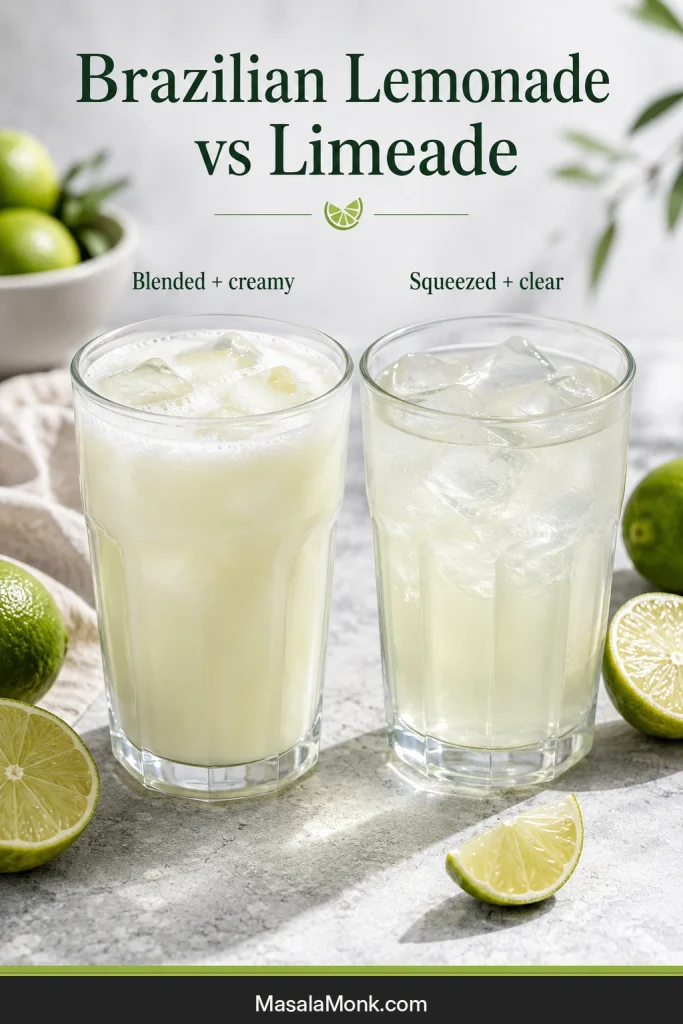 Two iced drinks comparing opaque, lightly foamy Brazilian lemonade with clearer squeezed limeade.