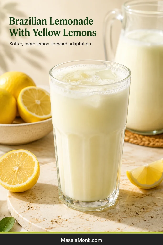 Tall glass of pale yellow Brazilian lemonade with ice and foam, surrounded by cut yellow lemons.