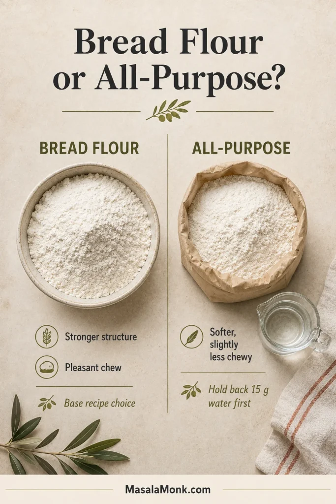 Bread flour and all-purpose flour compared for Greek pita, with water beside the all-purpose flour to indicate hydration adjustment.