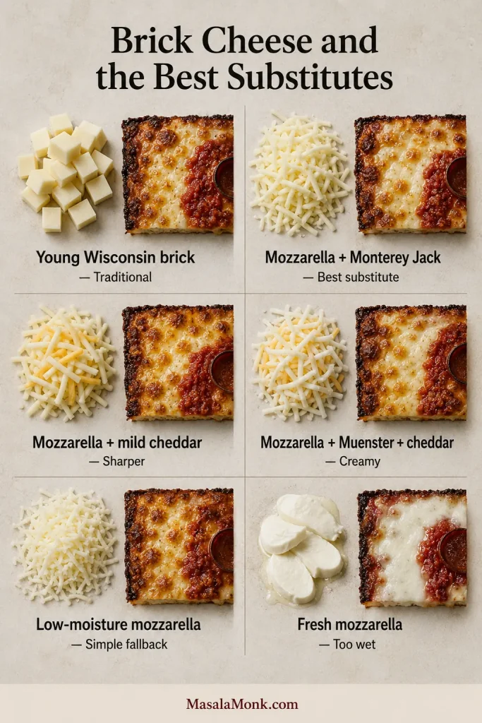 Six Detroit pizza cheese options with baked samples, including Wisconsin brick cheese, mozzarella blends, mozzarella alone, and fresh mozzarella.