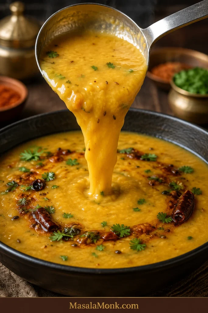 Creamy yellow dal falling from a steel ladle into a pot in a broad, continuous ribbon.