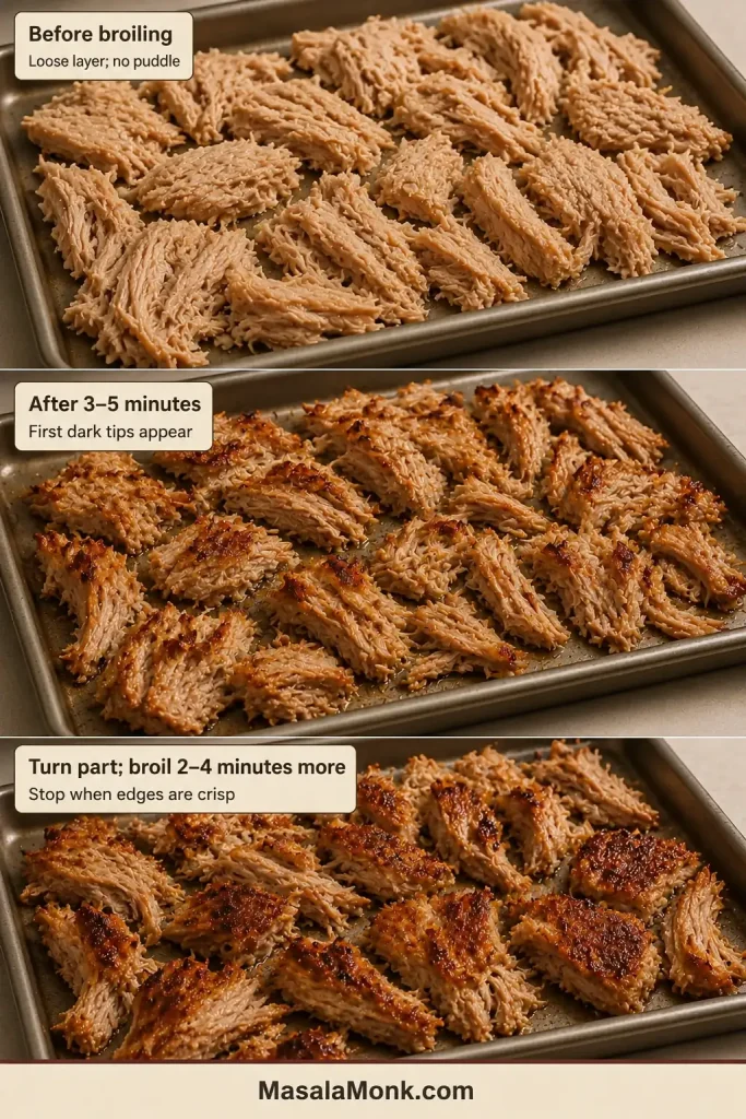 Three-stage sequence shows moist pork before broiling, the first dark tips after several minutes and crisp edges after part of the tray is turned.