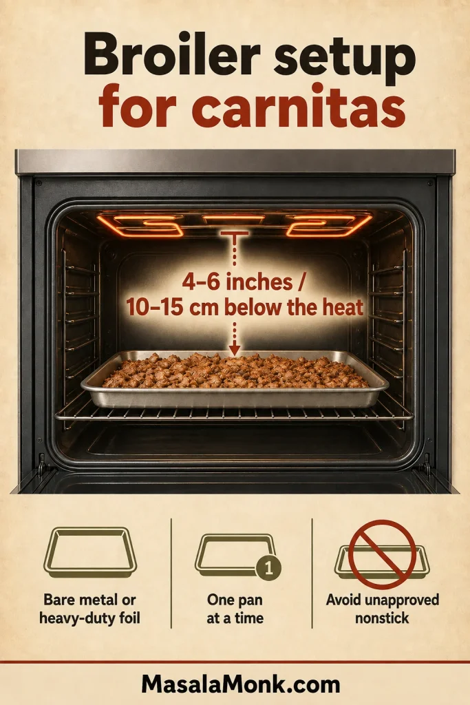 Oven cutaway shows a metal sheet pan of carnitas positioned 4–6 inches, or 10–15 centimeters, beneath the upper broiler element.
