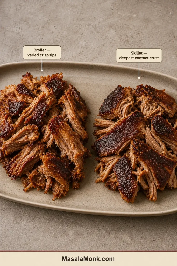 Broiler-crisped carnitas with irregular dark tips sit beside skillet-crisped carnitas with broad, deeply browned contact surfaces.