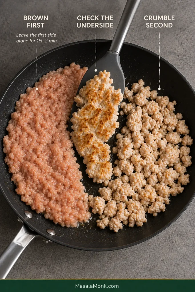 Ground chicken shown browning as a broad layer, a ragged section lifted to reveal a golden underside, and the seared meat being divided into irregular crumbles.