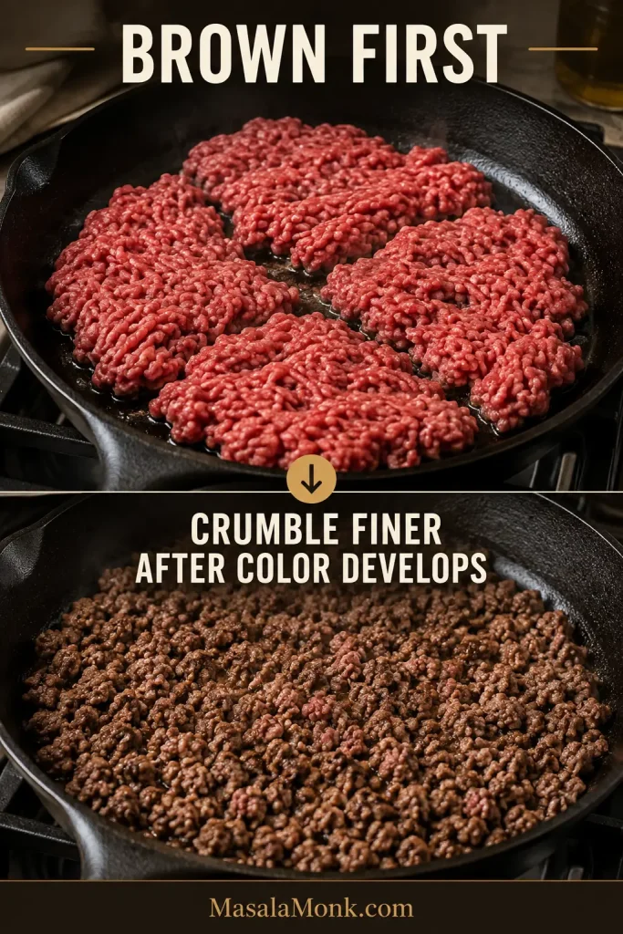 Instructional comparison showing ground beef browned in larger sections before being broken into smaller taco-size crumbles.