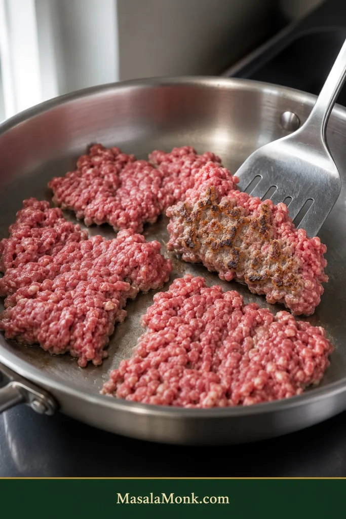 Loose sections of ground beef spaced across a stainless-steel skillet while a spatula lifts one section to reveal browned patches underneath.