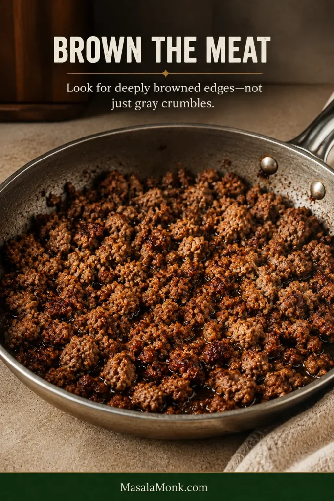 Ground beef and Italian sausage browning in a skillet with irregular crumbles, caramelized dark edges and browned bits on the pan.