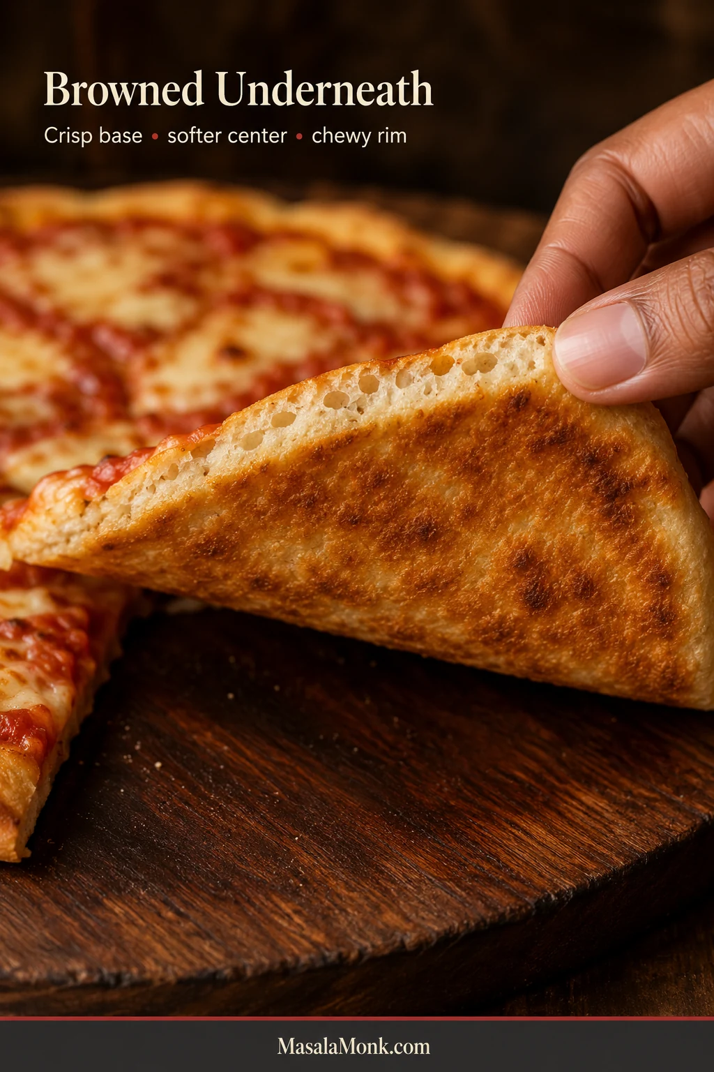 Hand lifting a pizza slice at a low angle to reveal a golden underside with scattered brown patches and a moderately aerated cut edge.