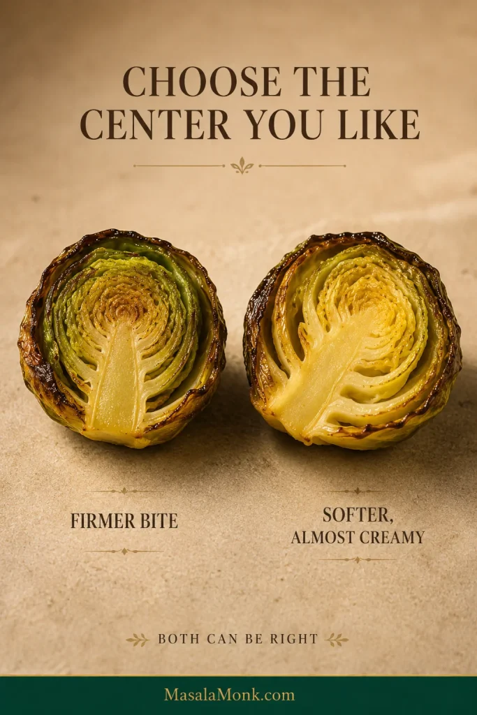 Two opened roasted Brussels sprouts showing a tighter, greener firmer center beside a softer, more relaxed center.