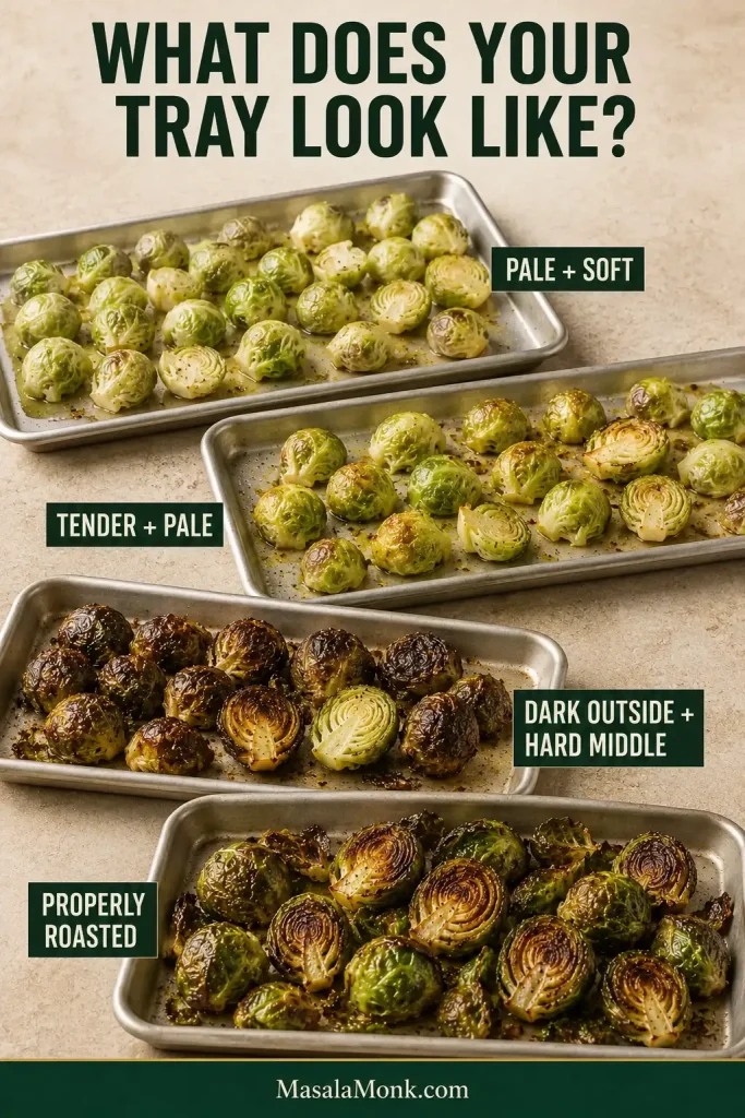Four Brussels sprout outcomes labeled pale and soft, tender and pale, dark outside with a hard middle, and properly roasted.