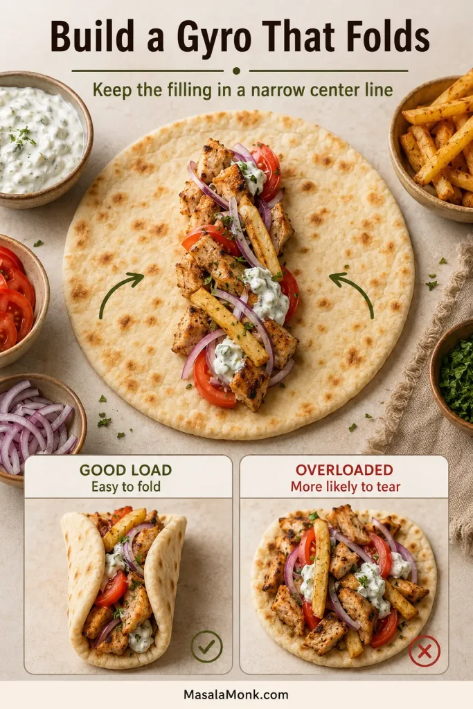 Greek pita with gyro fillings arranged in a narrow center line and clear side margins, compared with an overloaded pita whose filling crowds the fold.