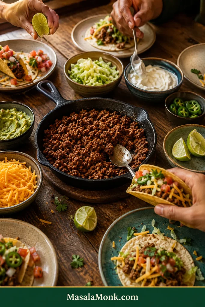 Taco table with a skillet of ground beef and bowls of shredded cheese, lettuce, sour cream, guacamole, lime and jalapeño while several hands assemble individual tacos.