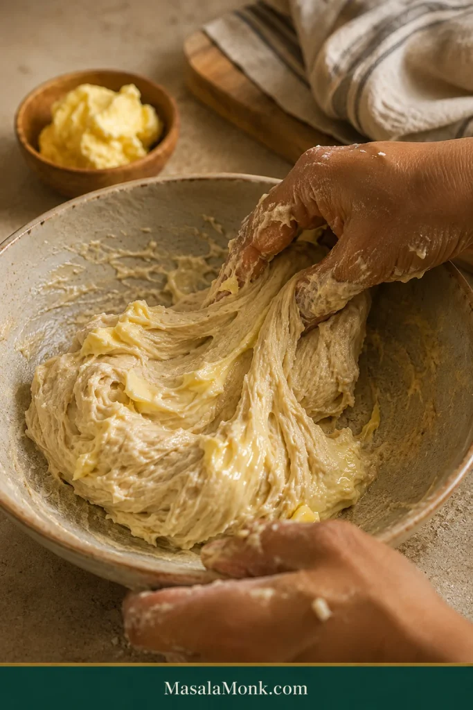 Hands working softened butter into pale dinner roll dough, which looks glossy, slippery and temporarily messy during incorporation.