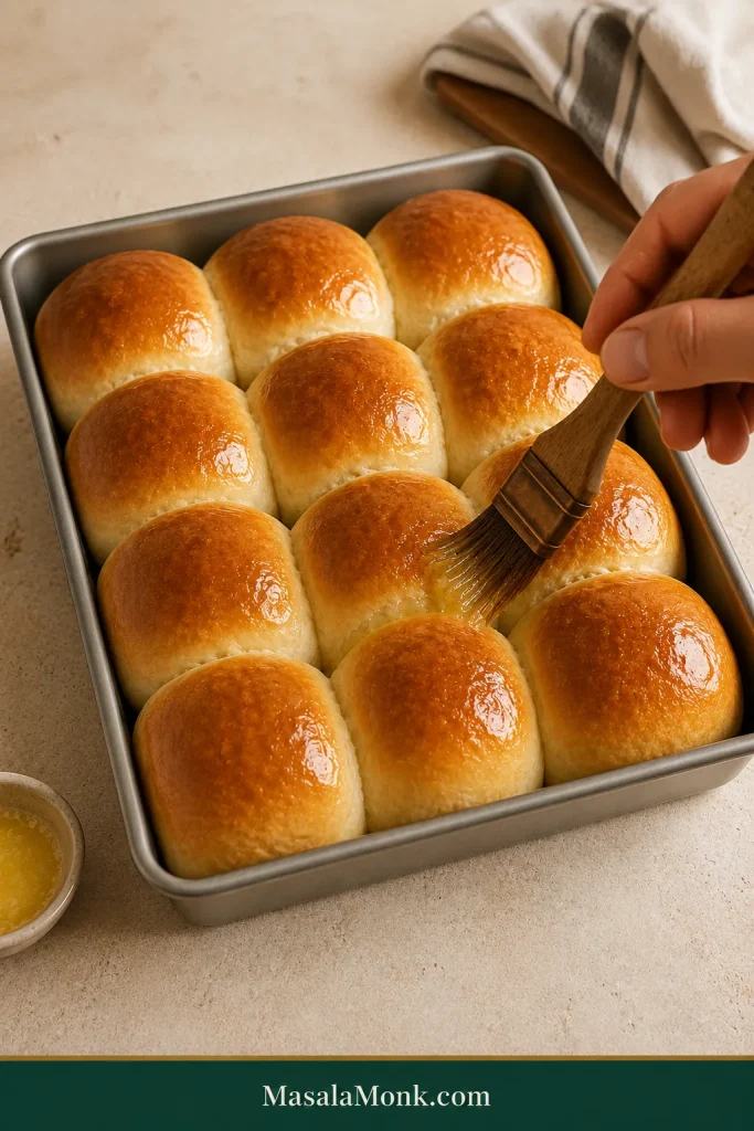 A hand brushing melted butter over the golden tops of twelve freshly baked dinner rolls in their pan.