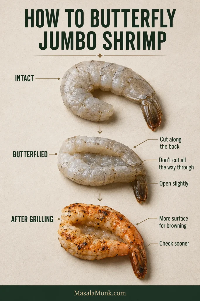 Three-stage view of a jumbo raw shrimp intact, the shrimp cut along the back and opened without splitting apart, and a butterflied shrimp after grilling.