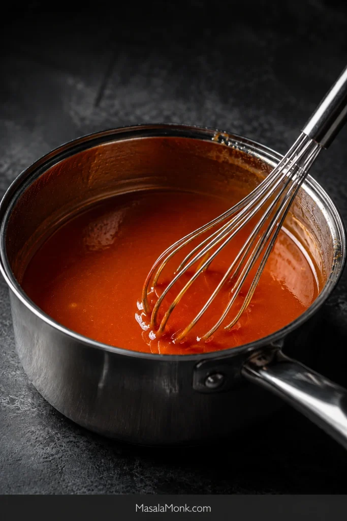 Smooth red-gold buttery hot honey glaze being whisked in a small stainless saucepan on a dark surface.