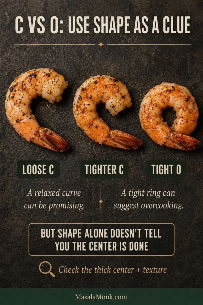 Three cooked shrimp arranged as a loose C, tighter C and tight O, with a reminder to check the thick center and texture rather than relying on shape alone.