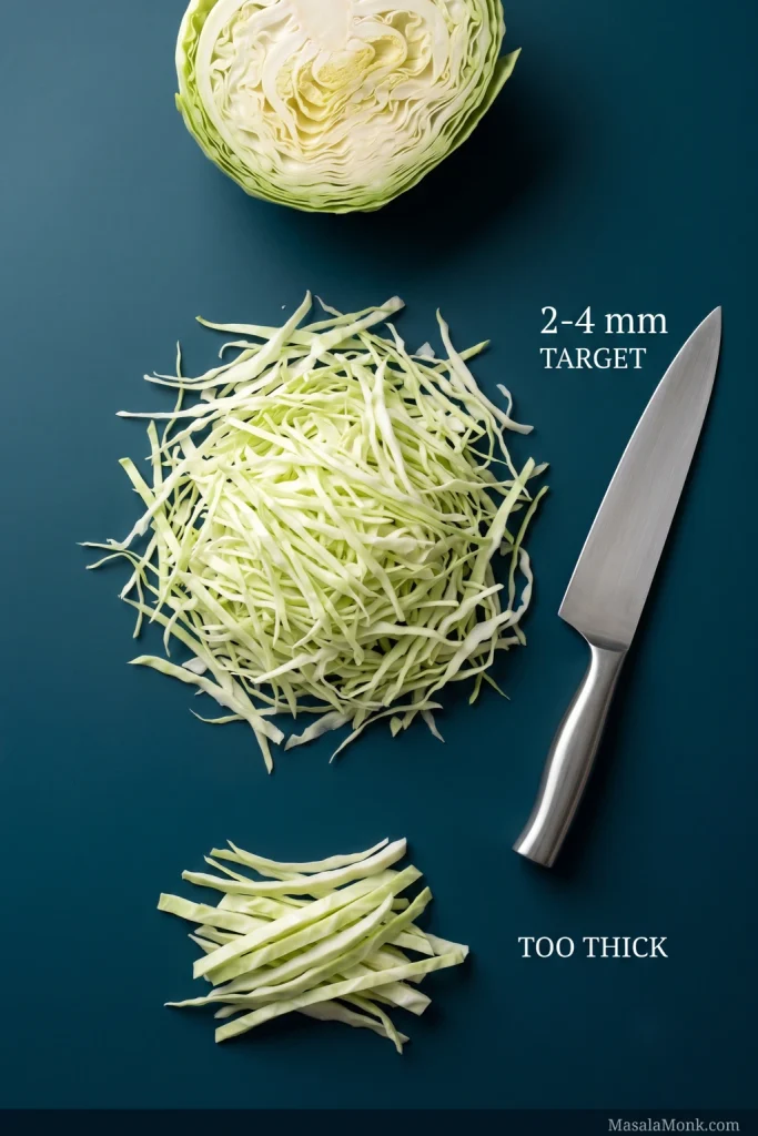 Green cabbage cut into thin 2–4 mm ribbons beside a smaller pile of thicker cabbage strips, with labels reading “2–4 mm TARGET” and “TOO THICK” and an unbranded chef’s knife.