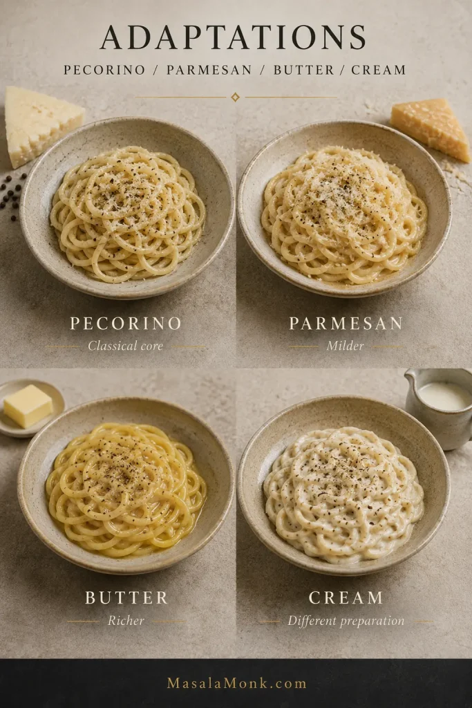 Four bowls of peppered pasta compared as Pecorino, Parmesan, butter and cream versions, with the butter version glossier and the cream version noticeably thicker and paler.