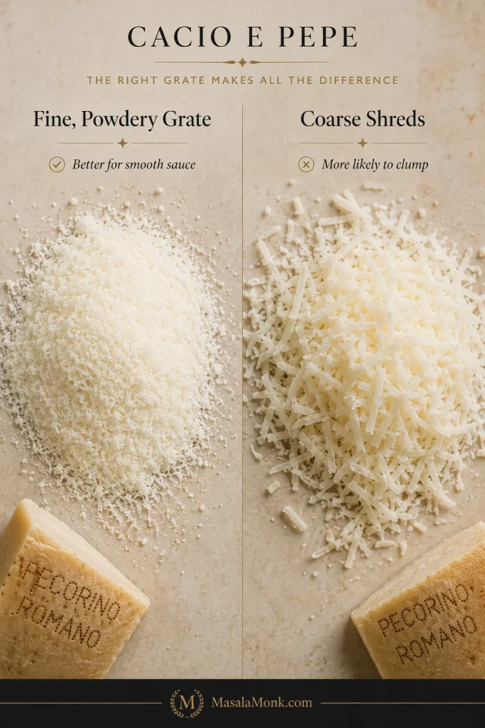 Side-by-side comparison of very finely grated powdery Pecorino on the left and long coarse cheese shreds on the right, labeled “Fine, Powdery Grate” and “Coarse Shreds.”