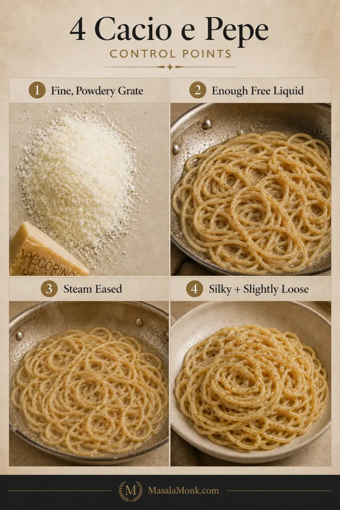 Four-panel cacio e pepe guide showing finely grated Pecorino, spaghetti with a small amount of free liquid, a skillet after steam has eased, and finished pasta with a silky, slightly loose coating.