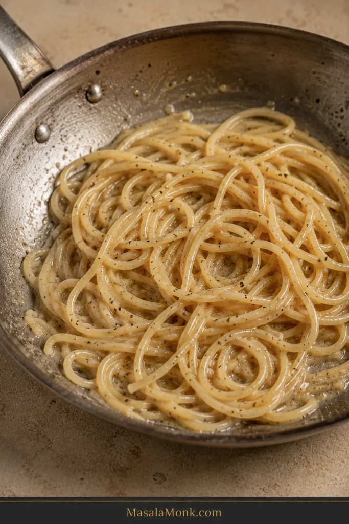 Pepper-speckled spaghetti in a skillet before cheese is added, with a thin layer of starchy liquid visible between the glossy strands but no deep pool.
