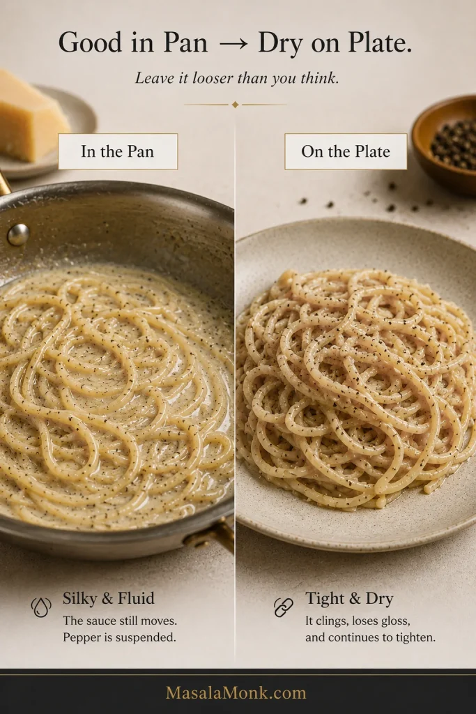 Before-and-after comparison showing glossy, fluid cacio e pepe in a skillet on the left and the same style of pasta looking tighter, drier and less glossy after plating on the right.