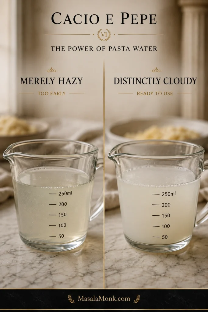 Two measuring jugs of pasta water compared side by side: lightly hazy water on the left and noticeably cloudier, starchier water on the right.