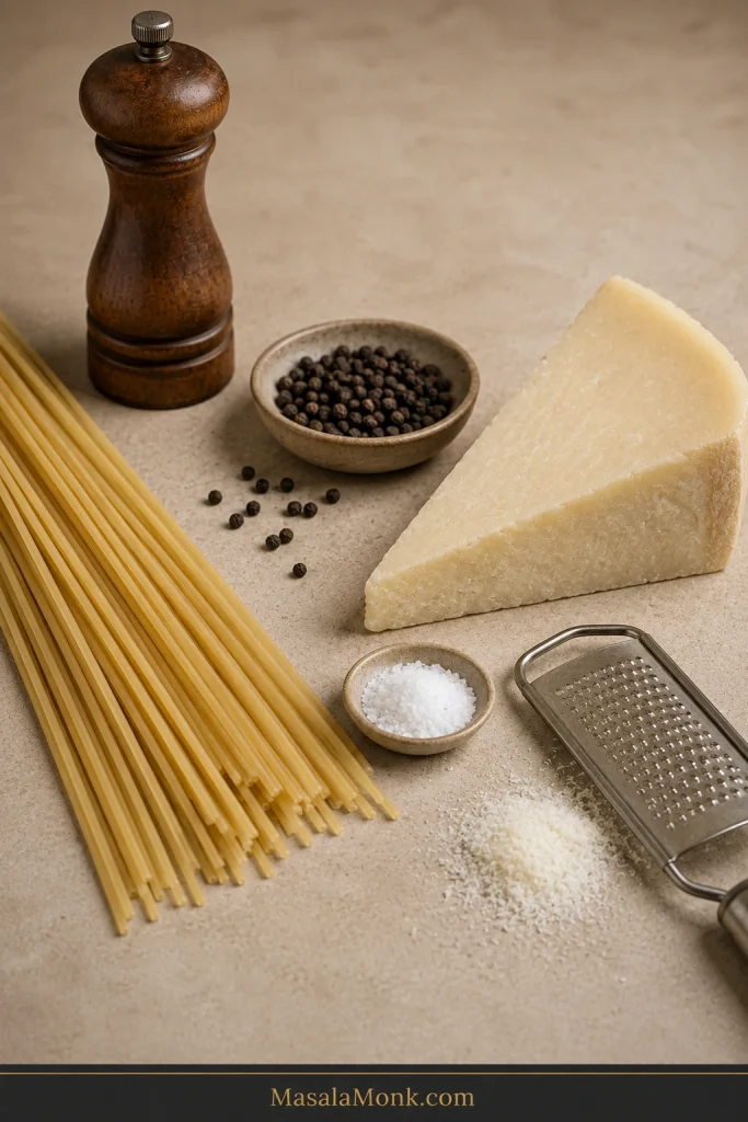 Dried spaghetti, a wedge of hard Pecorino Romano cheese, finely grated cheese, black peppercorns, salt, a pepper mill and a fine grater arranged on a neutral work surface.